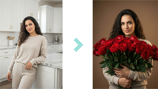 Фэшн-портрет с букетом по фото — готовый промпт для нейросети