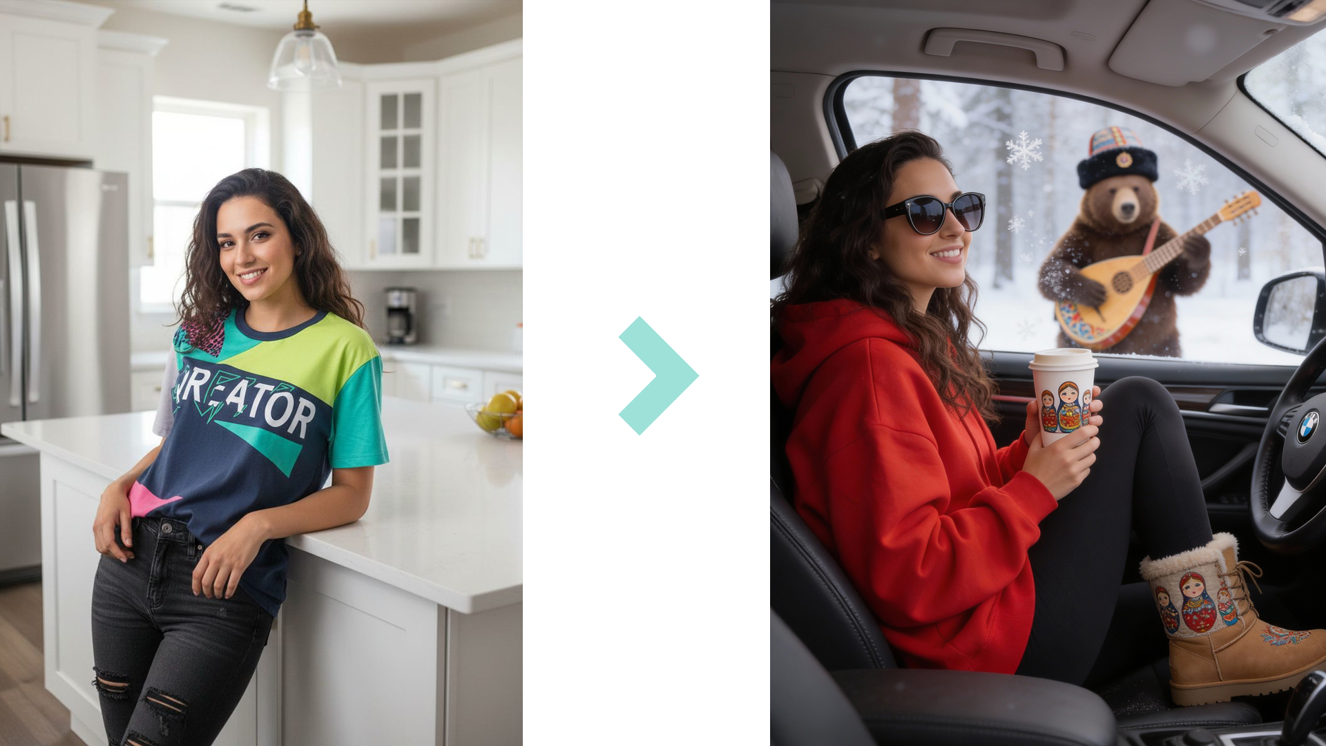 Медведь с балалайкой за окном BMW — промпт в русском стиле